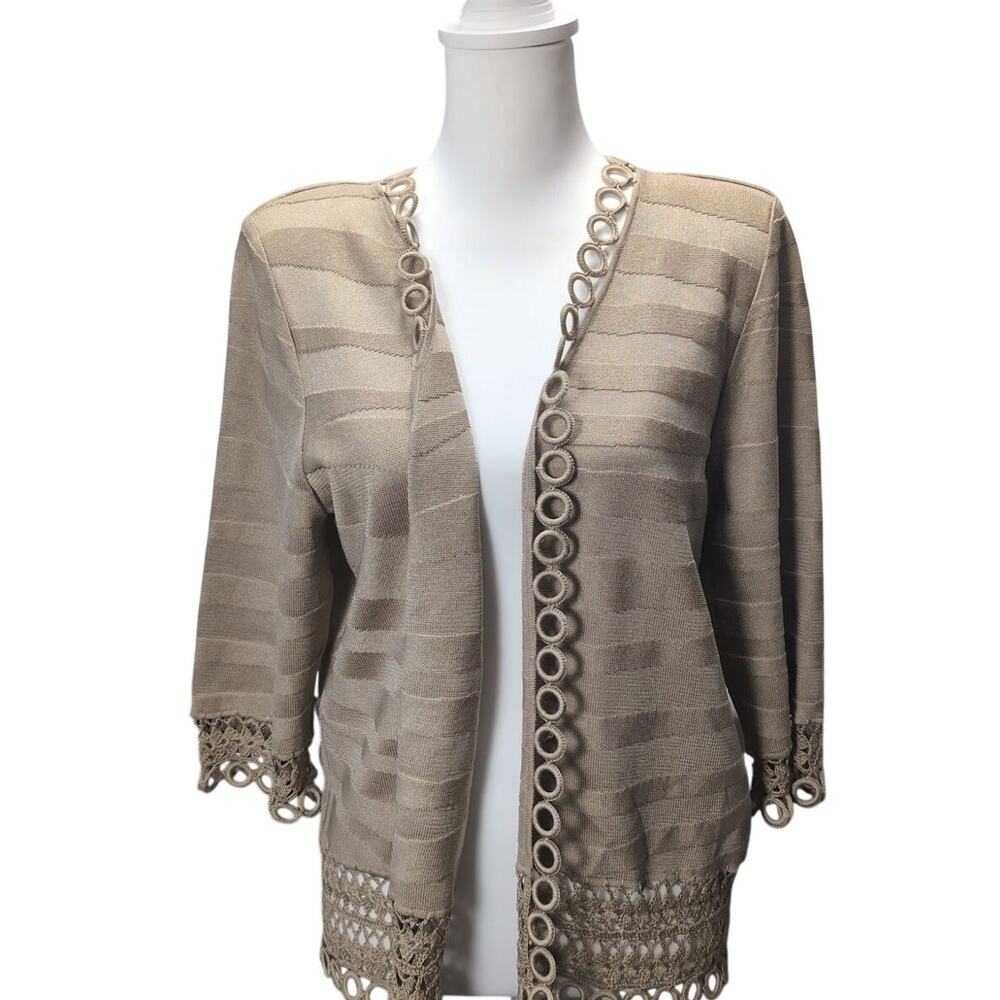 Ming Wang Beige Tan Crochet Knit Open Cardigan Sweater Size Petite Large Classic